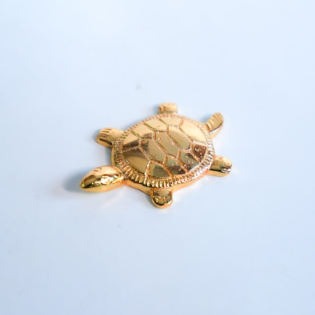 Gold turtle-shaped pendant on a light blue background