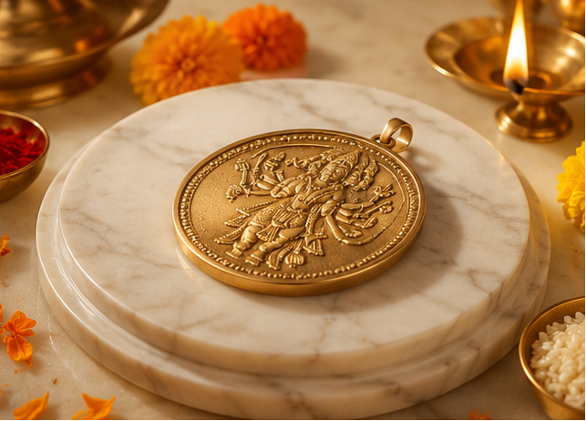 Gold pendant with intricate design on a marble stand, surrounded by decorative elements and incense.