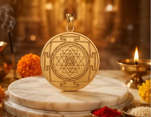 Gold pendant with intricate design on a marble stand, surrounded by decorative elements and incense.