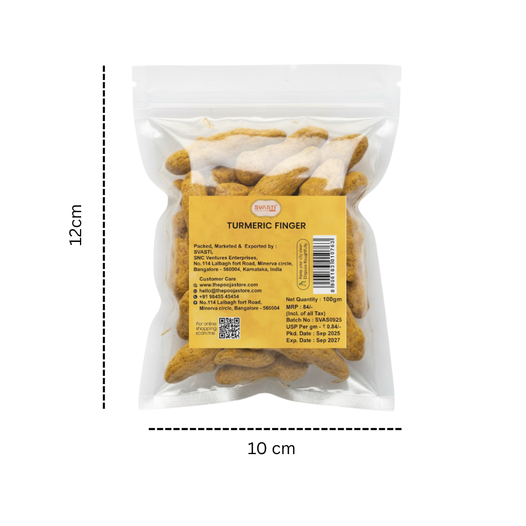 Packaged turmeric fingers with dimensions and brand label on a white background
