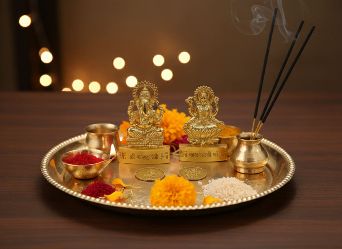 Decorative tray with gold statues, flowers, and incense on a warm-toned background