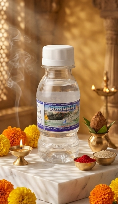 Three panels showing a bottle of water with a label on a decorative setting with flowers and candles.