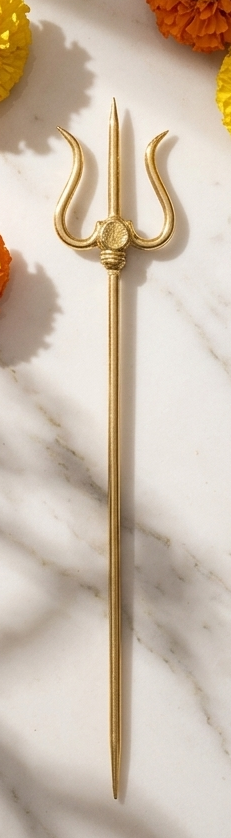 Triptych of a decorative setting with a gold trident, flowers, and incense on a marble surface.