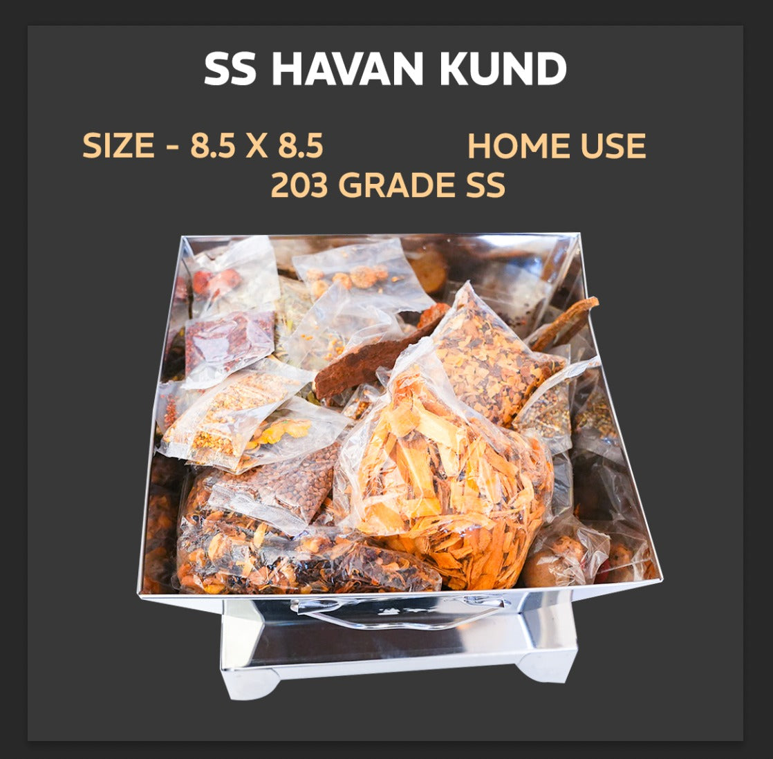 Metal container with food packets labeled 'SS HAVAN KUND' on a dark background