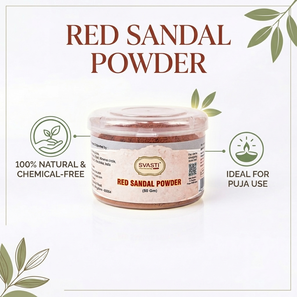 Jar of red sandal powder with branding and product details on a white background