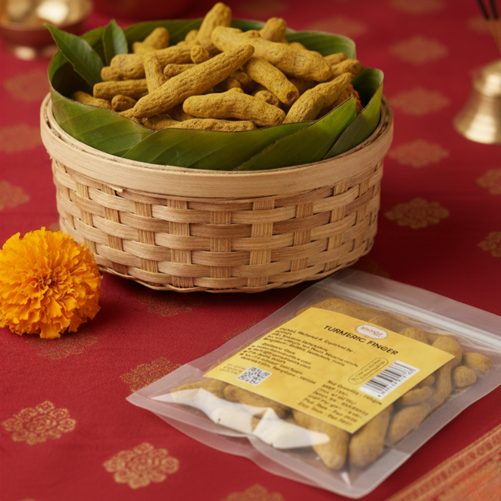 Woven basket with turmeric finger snacks on a red floral tablecloth