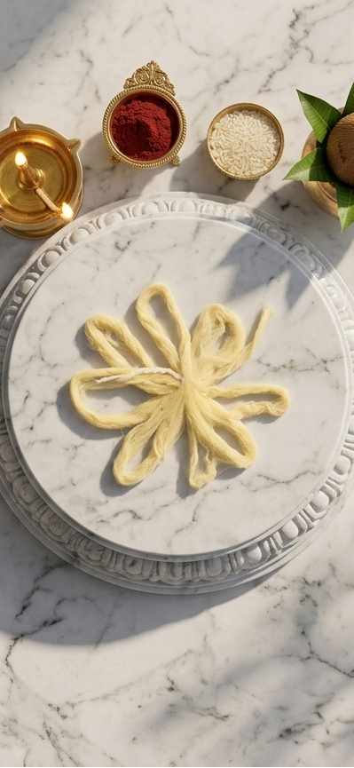 Decorative arrangement with floral design on a marble surface, surrounded by candles and small bowls.
