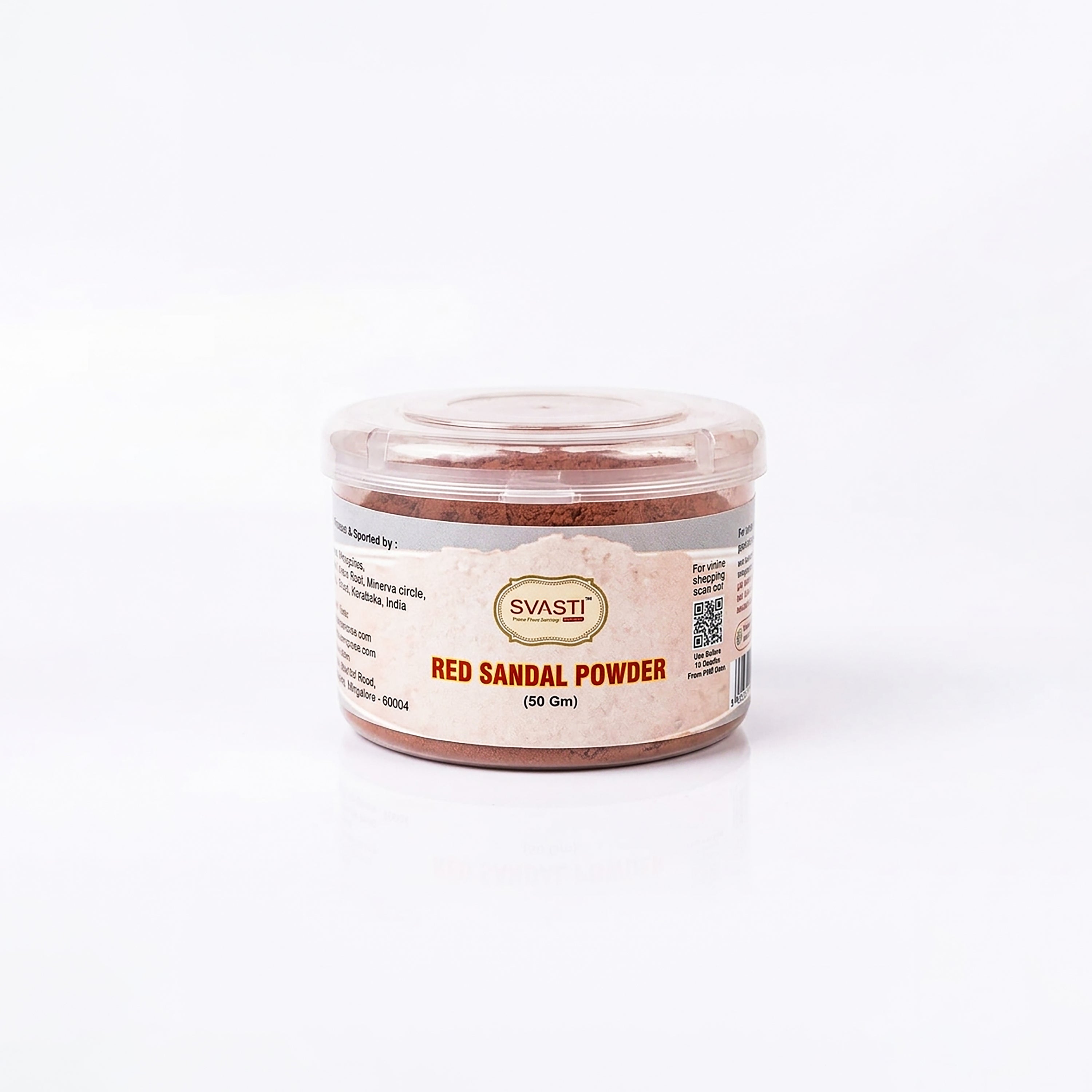 Jar of red sandal powder with 'Swasti' branding on a white background