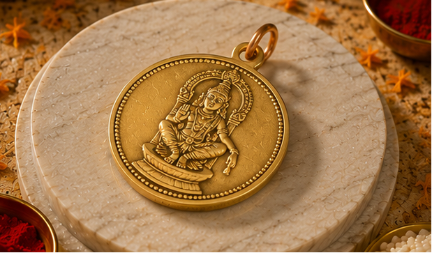 Gold pendant with religious figure on a stone platform, surrounded by decorative elements.