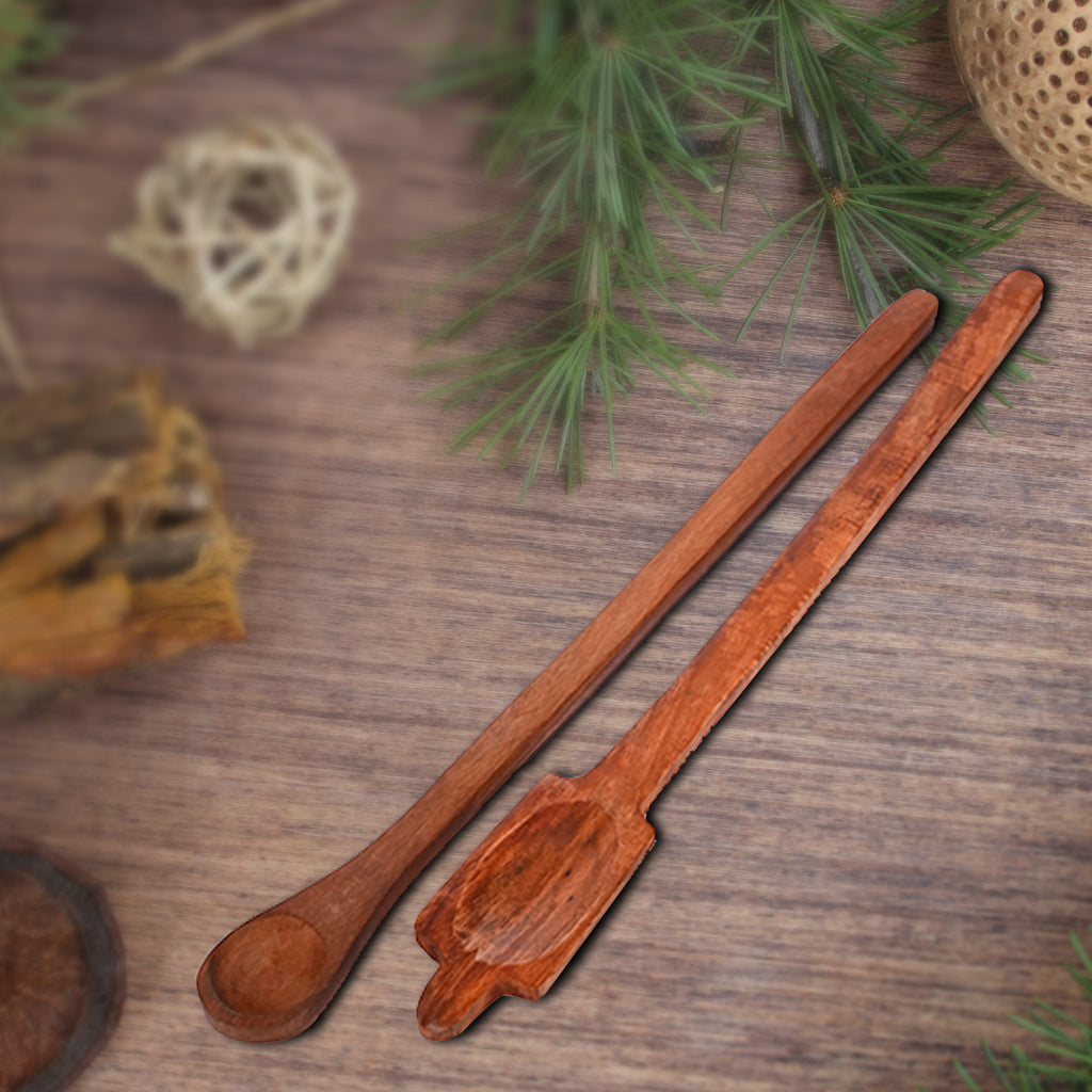 Two wooden spoons on a wooden surface with greenery and natural elements.