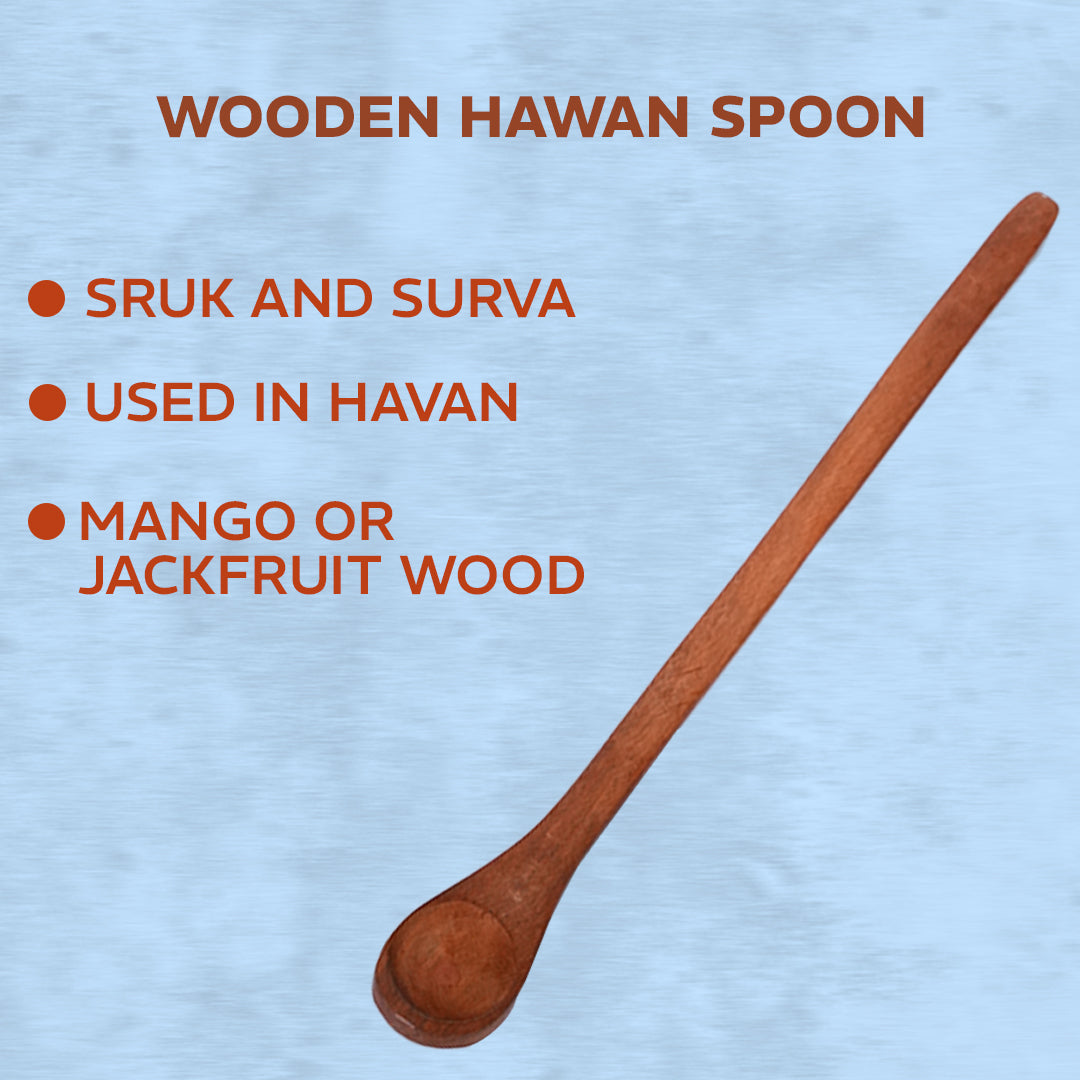Wooden spoon labeled as 'Hawan Spoon' with text on a blue background