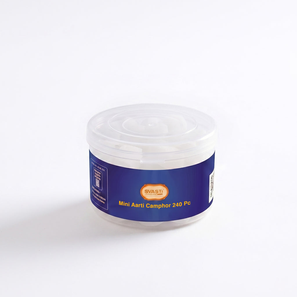 Container of Mini Aarti Camphor with a blue label on a white background