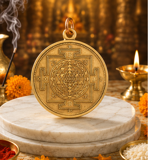 Collage of a gold pendant with intricate designs on a marble stand, surrounded by religious offerings.