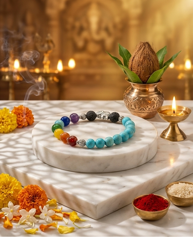 Colorful beaded bracelet on a pedestal with decorative items including a kalash and diya, set against a warm, candlelit background.