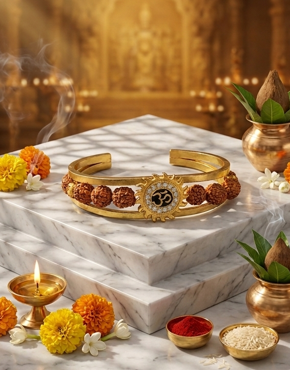 Collage of gold bracelets on marble surfaces with decorative elements.