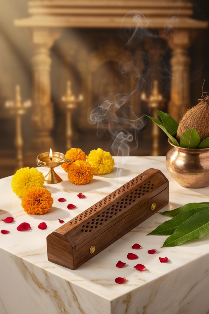 Sheesham wood agarbatti stand styled with rose petals on yellow background