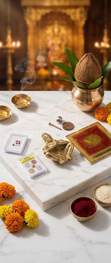 Collage of three images showing religious items and decorations on a marble surface with a blurred background.