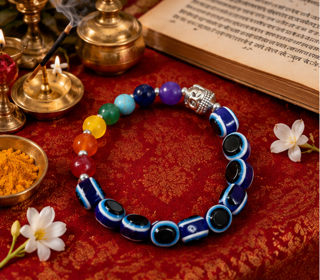 Colorful beaded bracelet on a marble surface with candles and flowers in the background