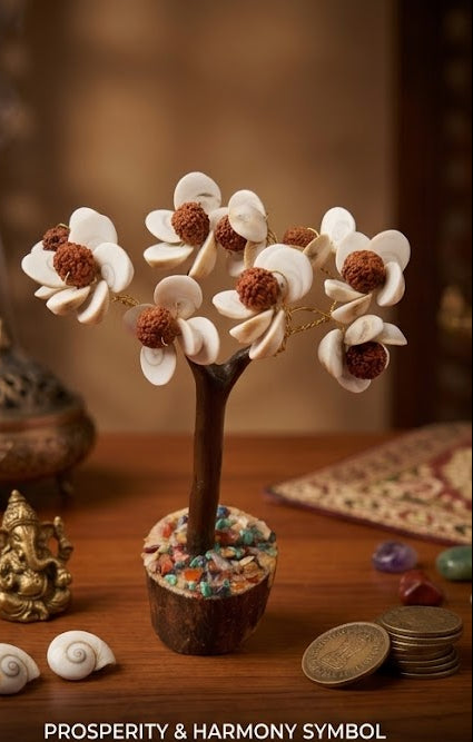Collage of a decorative tree with flowers made from natural Gomati chakras and Rudraksha beads, set against a warm wooden background.