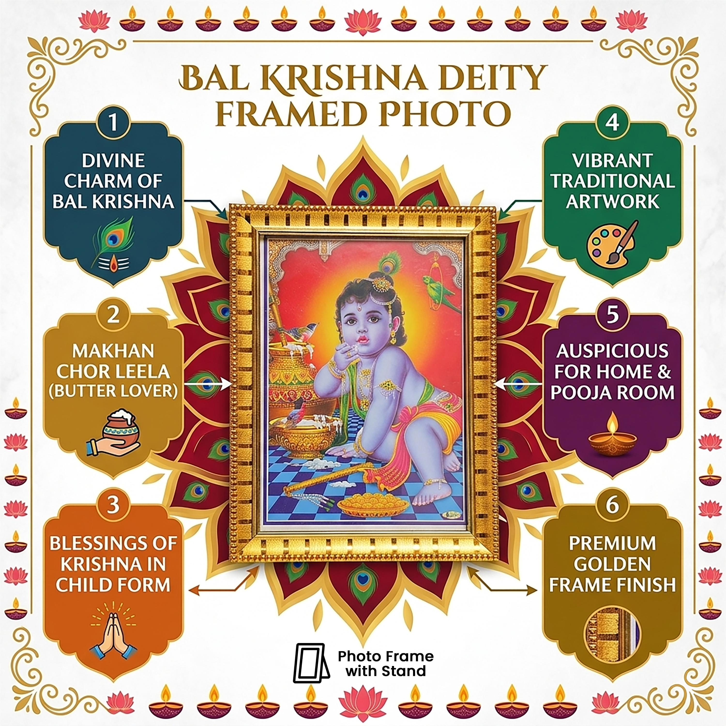 The Bal Krishna framed photo standing upright on a wooden surface next to household items to provide a realistic perspective of its size and mandir suitability.