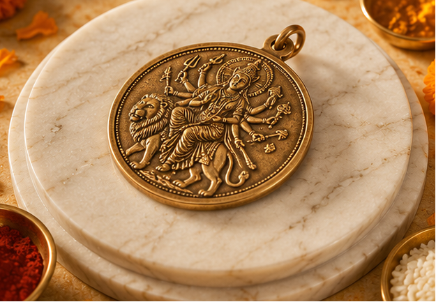 Collage of a gold pendant with intricate designs on a marble stand, surrounded by decorative items.