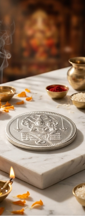 Silver coin with engraved design on a marble surface with decorative items.