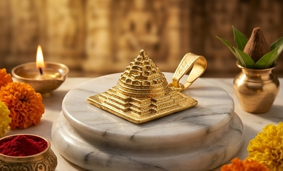 Collage of gold jewelry pieces on a decorative setting with marigold flowers and candles.