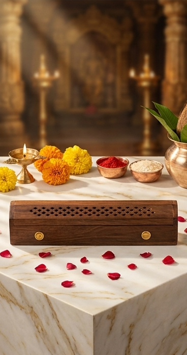 Triptych of incense burners on a marble surface with flowers and petals.