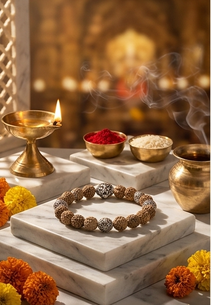 Three panels showing beaded bracelets, decorative items, and a blurred background with warm tones.
