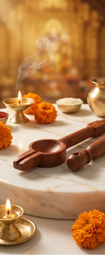 Decorative setup with wooden spoons, marigold flowers, and lit candles on a marble surface.