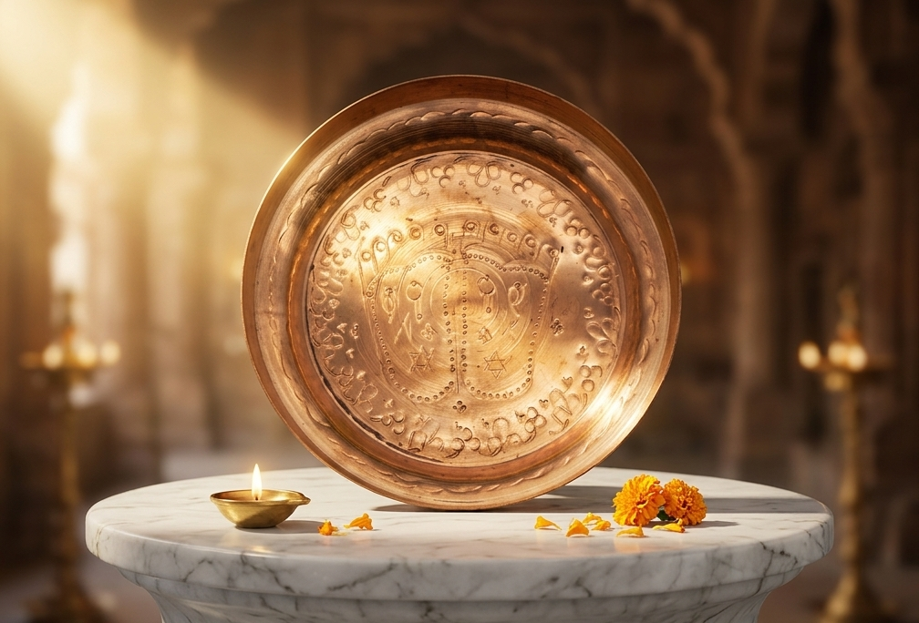 Decorative brass plate with intricate designs on a marble pedestal, surrounded by candles and flowers.
