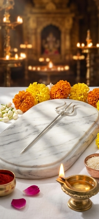 Triptych of a marble tray with a trident, surrounded by decorative elements on a table.