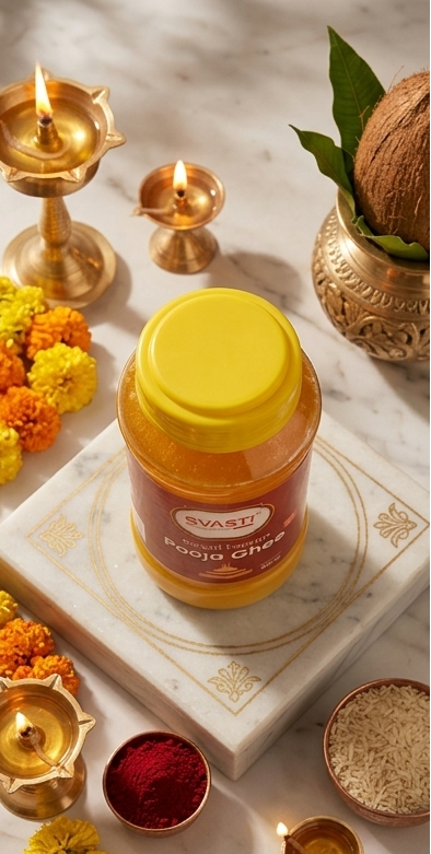Swastik Ghee bottle on a decorative background with flowers and religious items.