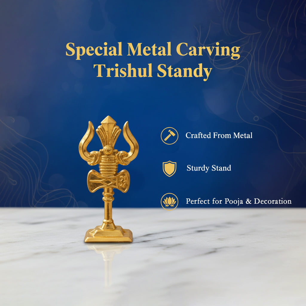 Gold Trishul standy on a marble surface with a blue background