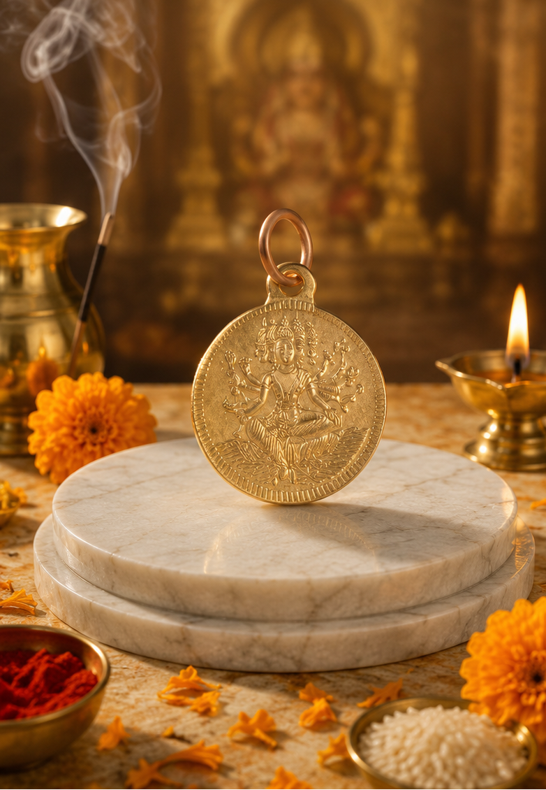 Gold pendant on a marble stand with incense and flowers in a religious setting