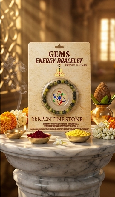 Gems Energy Bracelet packaging with serpentinite stone on a decorative background