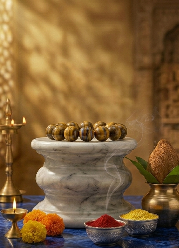 Collage of a marble pedestal with coconut shells, candles, and flowers on a blue surface.