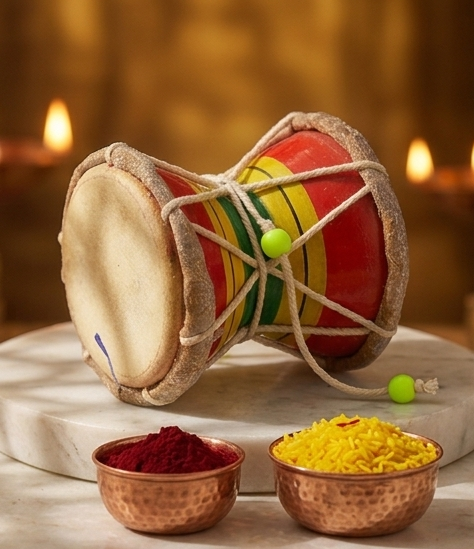Colorful traditional drum with bowls of red and yellow powders on a wooden surface.
