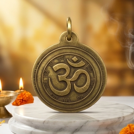 Collage of gold religious symbols on a decorative setting with candles and flowers.