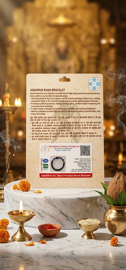 Aquarius Rash Bracelet packaging with text and QR code on a decorative background