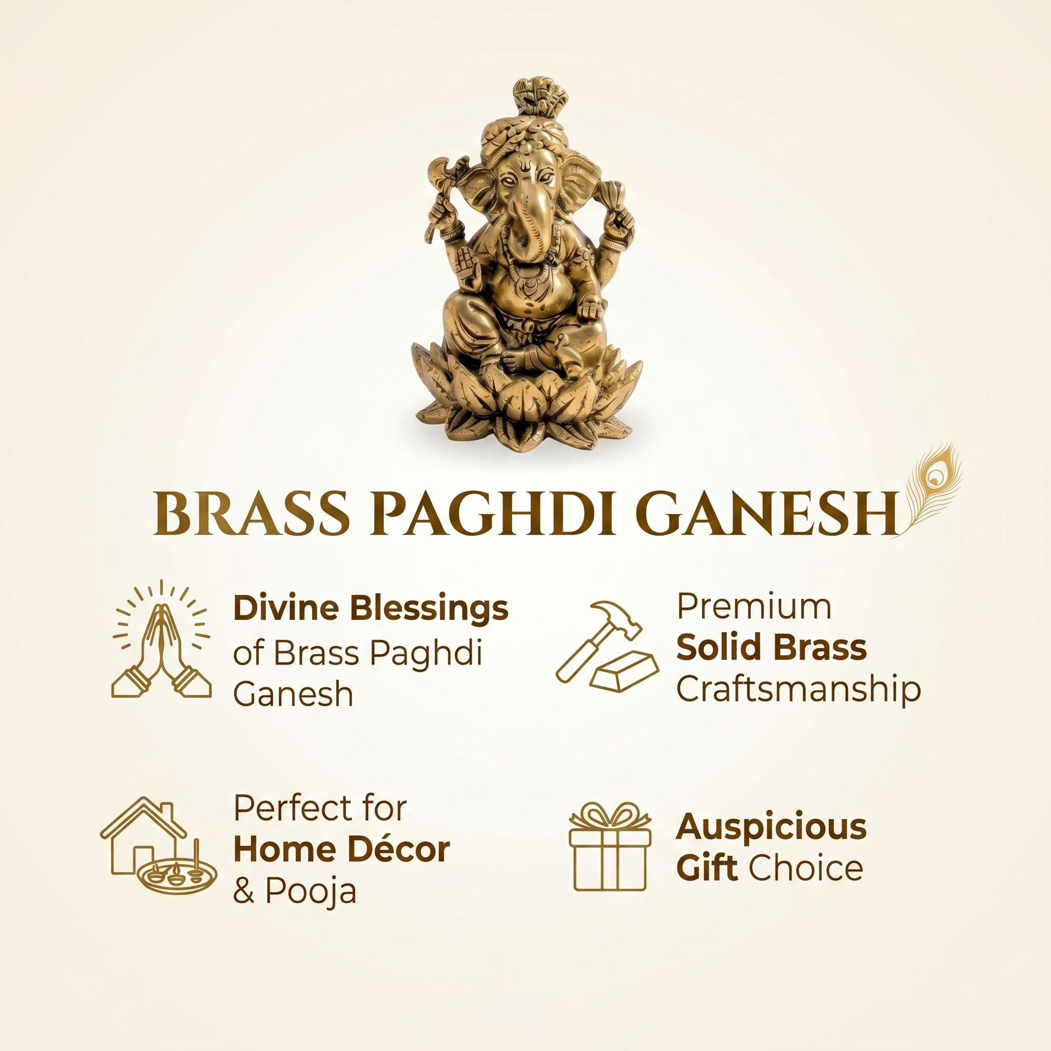 Brass Paghdi Ganesh statue with product features on a beige background