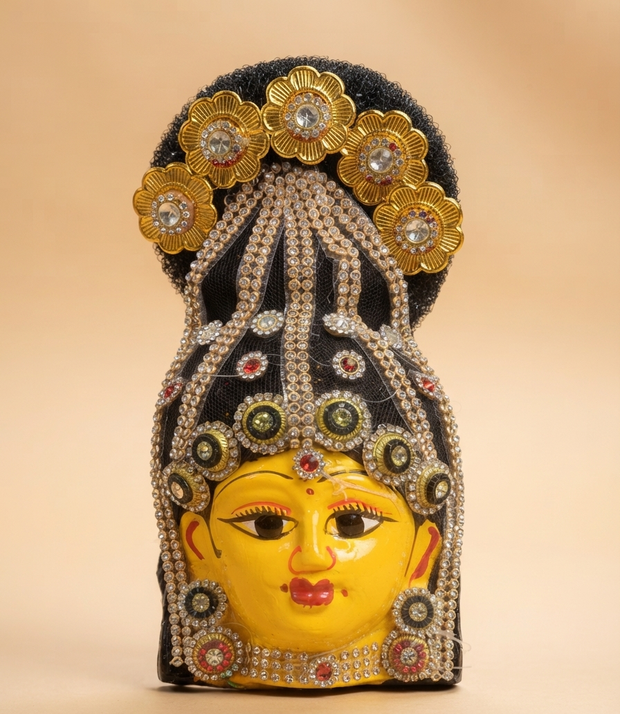 A decorative yellow face mask or figurine with an ornate black headdress embellished with gold flower motifs and rhinestone-like details, centered on a warm beige background.