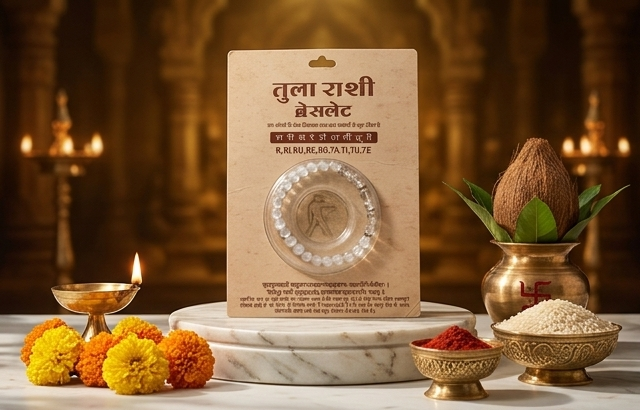 Collage of Svaasti Pooja Items with packaging and religious items on a table.