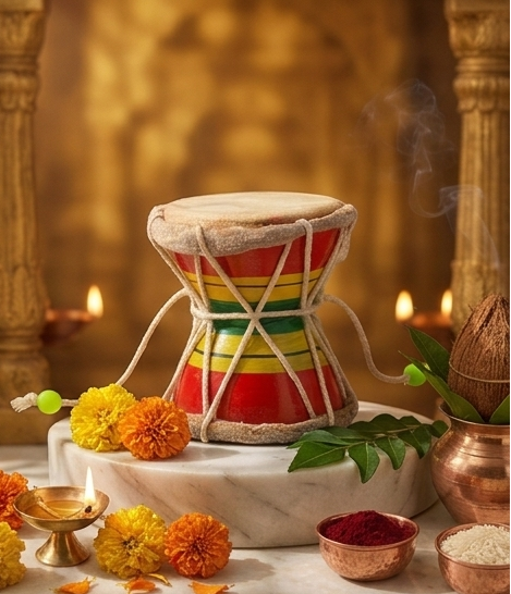 Colorful traditional drums on a decorative setup with flowers and candles.