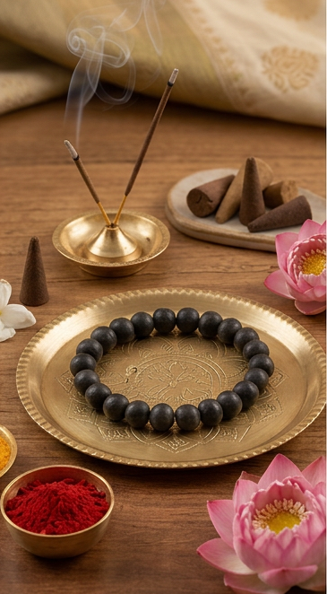 Collage of images featuring a black beaded bracelet, incense sticks, flowers, and a small statue on a wooden surface.