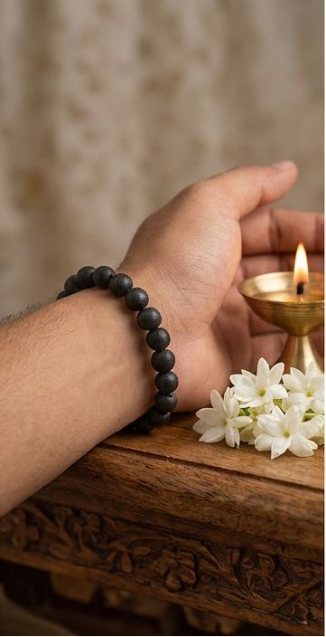 Collage of images featuring a black beaded bracelet, incense sticks, flowers, and a small statue on a wooden surface.