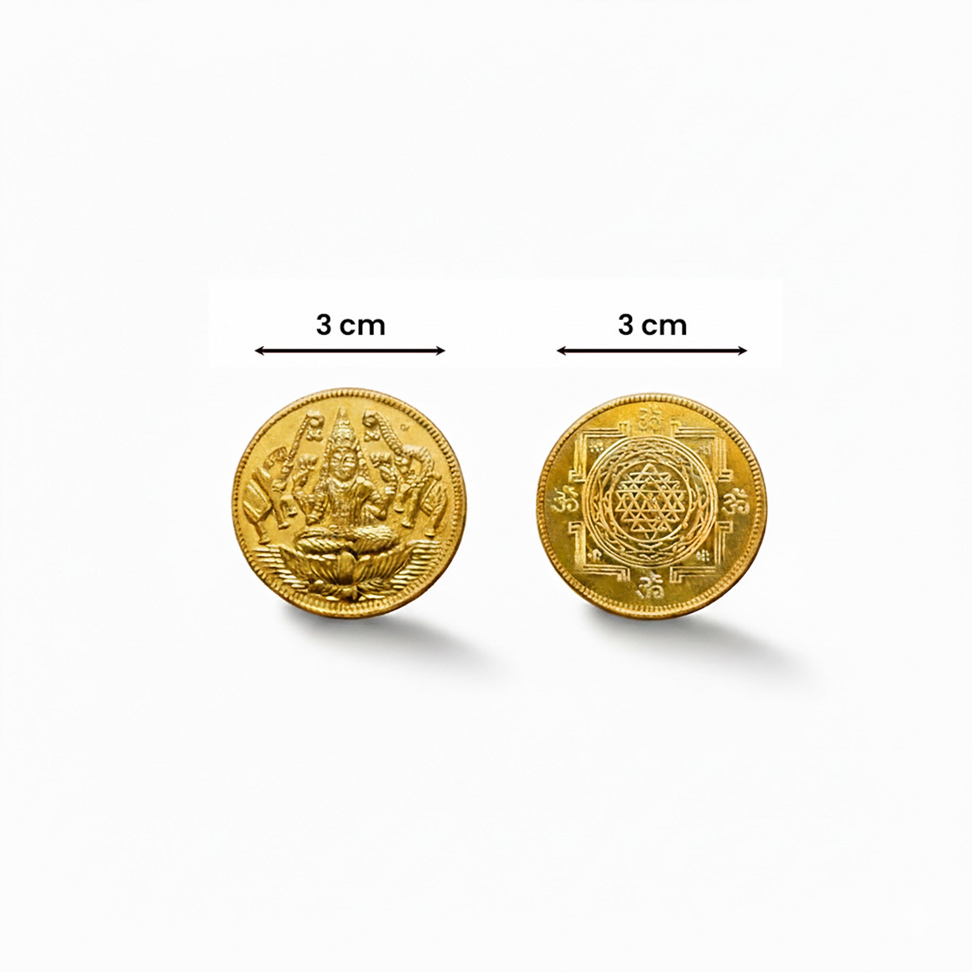 Two round gold-toned coin-style earrings or studs shown on a white background, with measurement arrows above each indicating 3 cm width. The left piece shows an embossed deity figure, and the right piece shows a geometric mandala design.