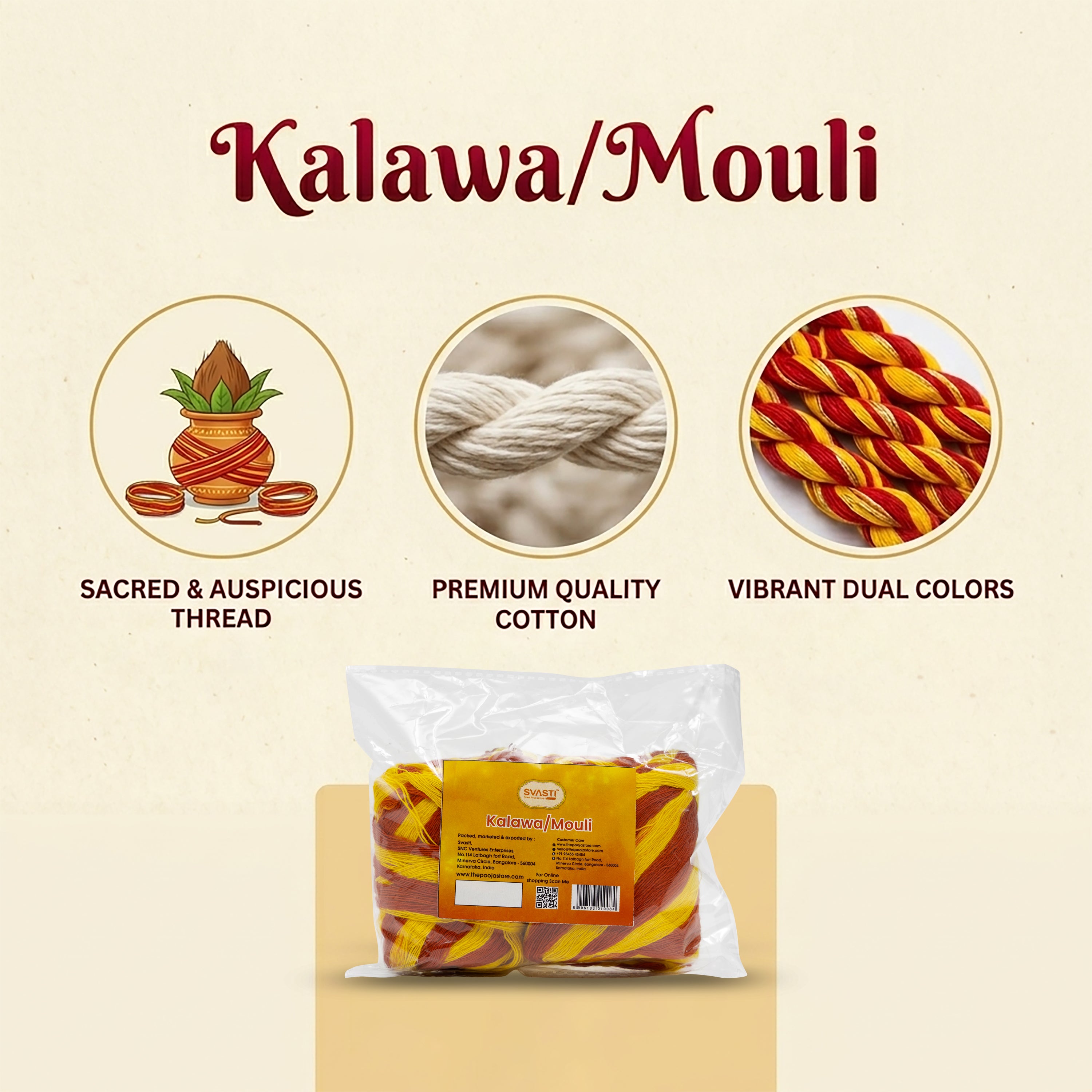 Packaged product with 'Kalawa/Mouli' branding, featuring images of sacred thread, cotton, and colorful strands.