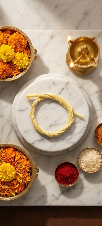 Collage of three images featuring a gold bracelet on a marble surface with flowers and incense.