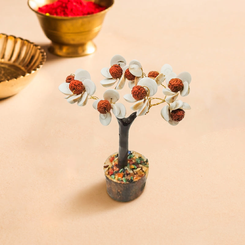 Decorative tree with red berries and white flowers on a beige background